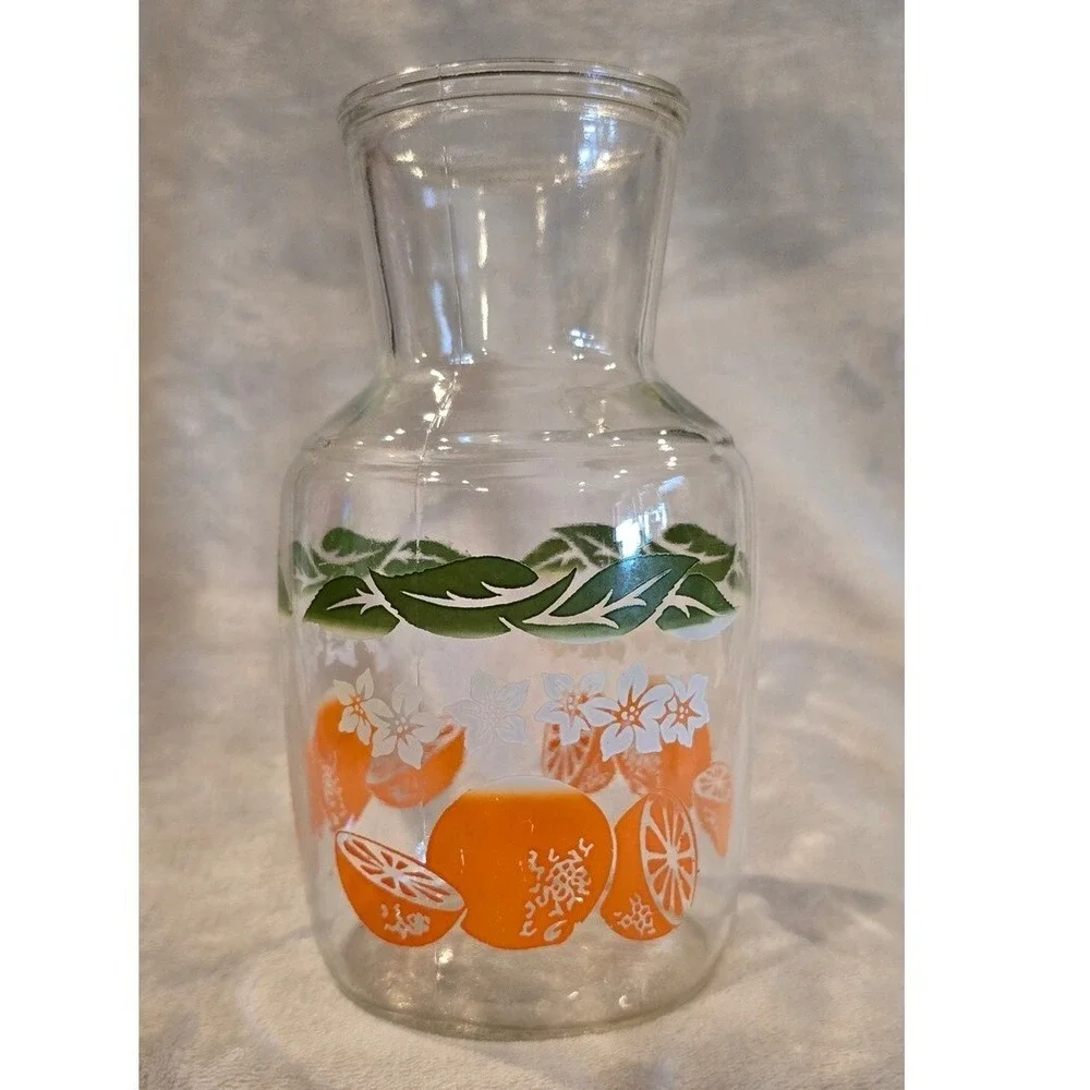 Vintage 1970 Glass Orange Floral Design Juice‎ Carafe Pitcher 7 3/4